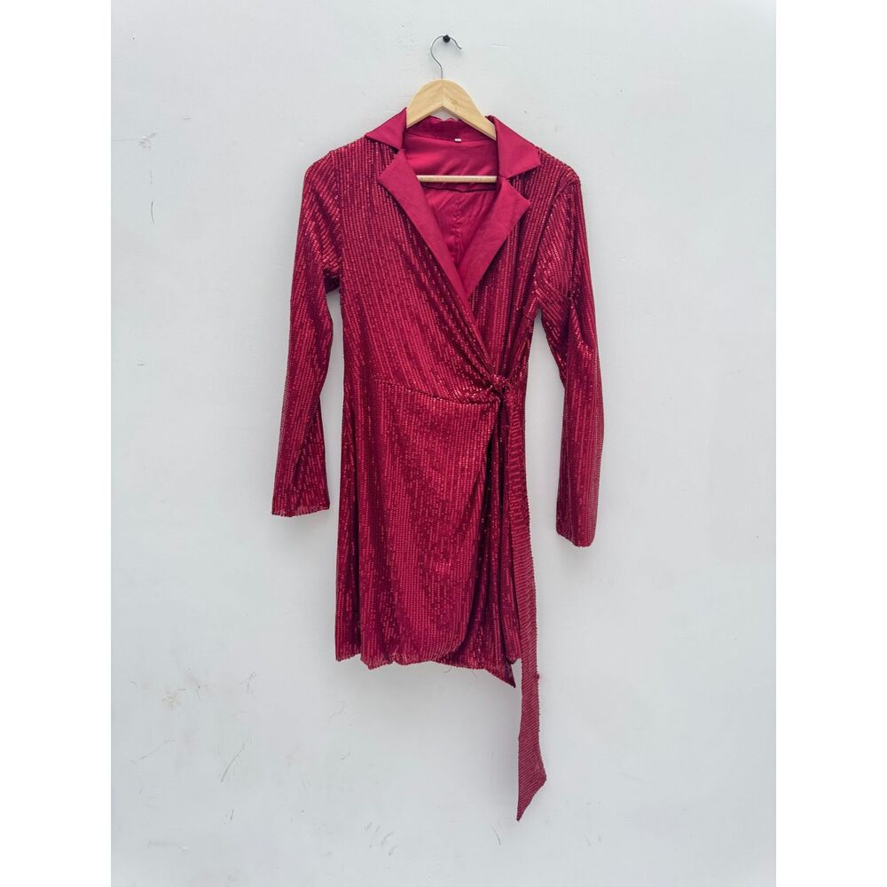 Burgundy Sequin Wrap Mini Dress Lapel Collar Long Sleeve Holiday Party M